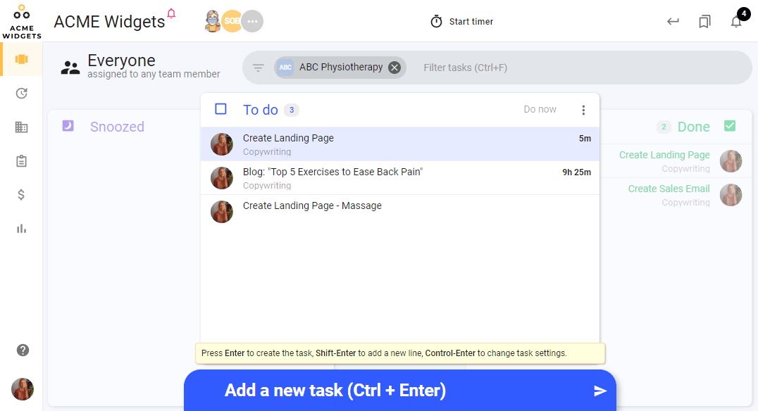 A screenshot in todo.vu demonstrating the Quick-add Tasks feature, which allows users to create a Task quickly and easily via keyboard shortcuts.