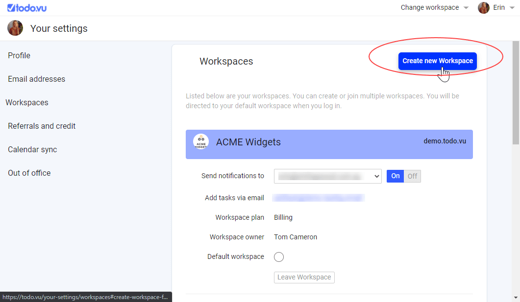 A screenshot in todo.vu demonstrating where a User can create a new todo.vu Workspace to manage and track their tasks, projects, time and billing.