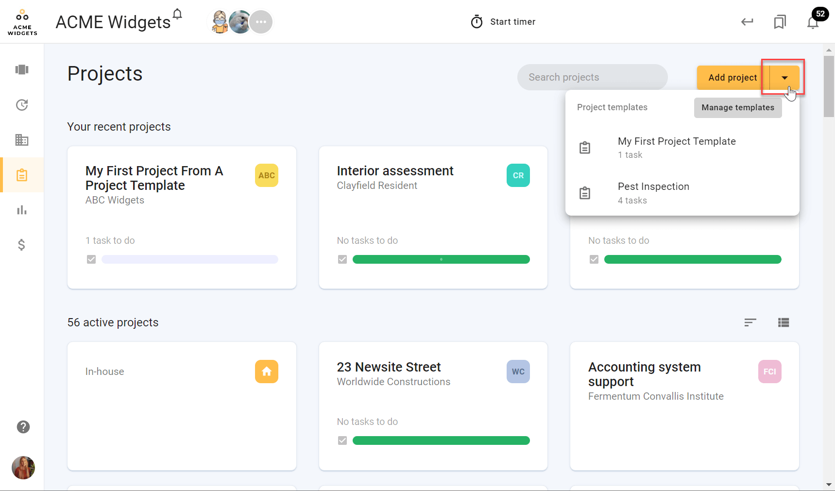 A screenshot of a user creating a Project Template from todo.vu's Projects Dashboard.