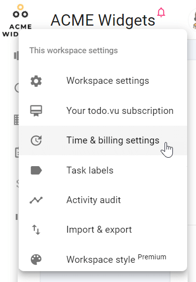 A screenshot of todo.vu demonstrating how to access the Workspace's time and billing settings.