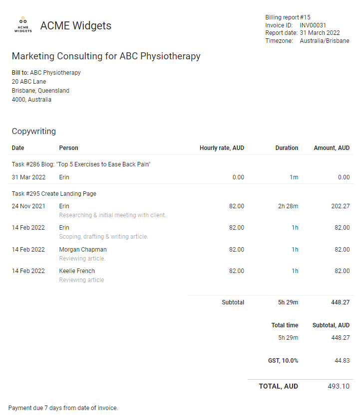 Screenshot of Time Tracking Software for Consultants - todo.vu Billing Report.