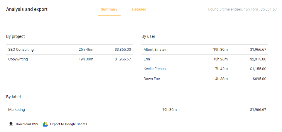 Screenshot of a time report in todo.vu - time tracking for consultants.