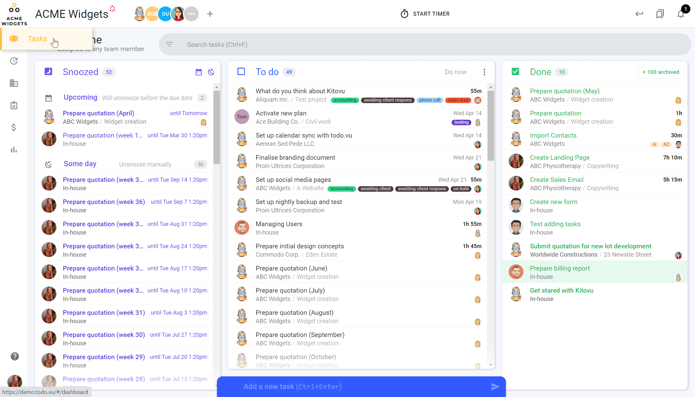 A screenshot of todo.vu's Task Dashboard, representing a flexible Kanban method of organising and managing tasks.
