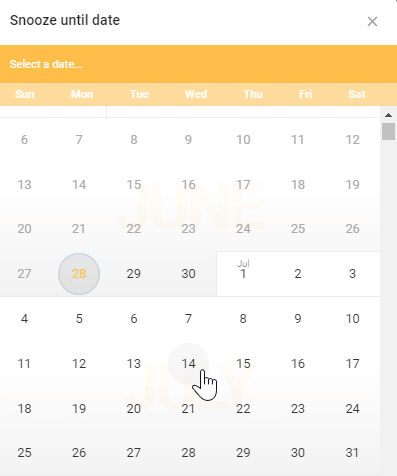 A screenshot of todo.vu time tracking and billing software, displaying a calendar view in todo.vu, on which a User can choose a date which will automatically move a task from ‘Snoozed’ to ‘To Do’ within the Kanban Task dashboard. 