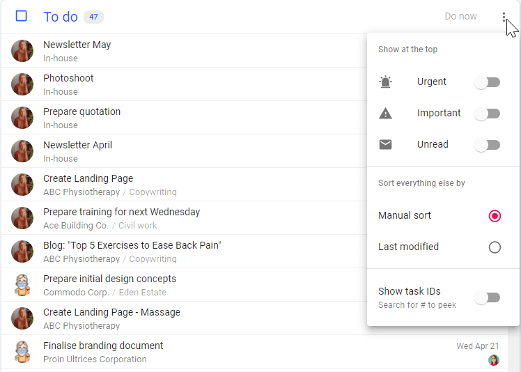 A screenshot of todo.vu's Task Listing within the Kanban-style Task Dashboard, where a User can customise how their Tasks are sorted.