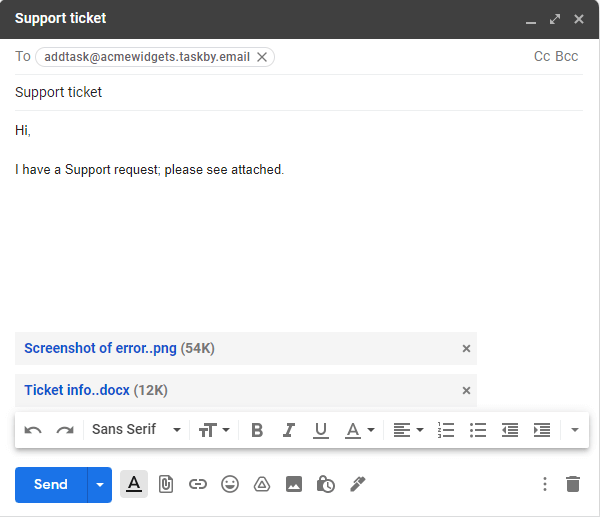 Screenshot of a draft email in Gmail demonstrating that todo.vu users can create tasks in todo.vu straight from their email inbox by sending or forwarding the email to a specific addtask address.