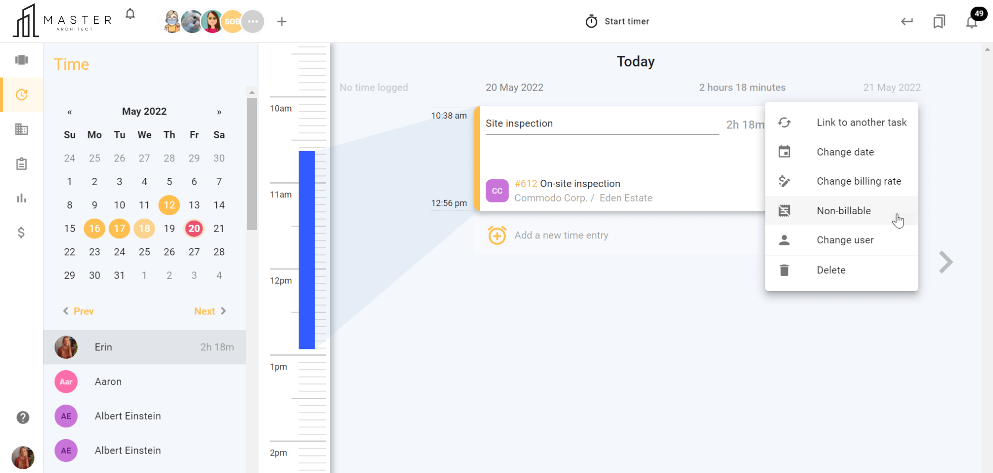 Screenshot of time tracking software for architects interface.