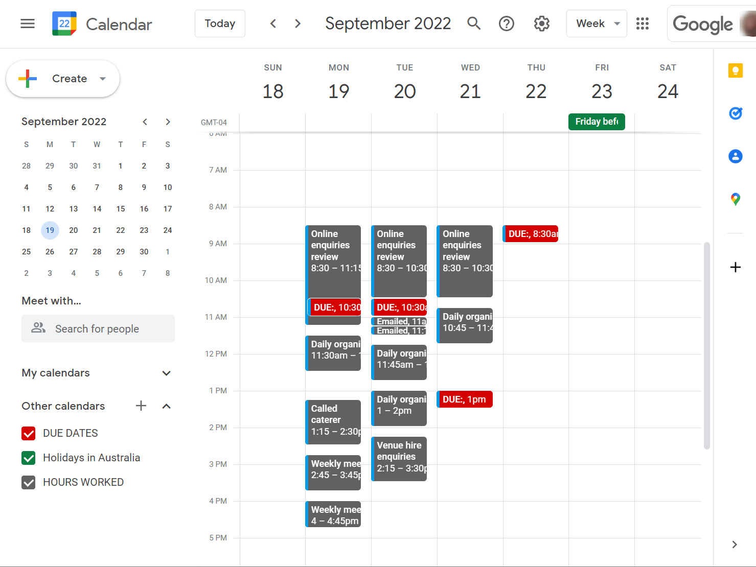 Screenshot of todo.vu time tracking software demonstrating how time can be synced to Google Calendar to display actual hours worked and due dates.
