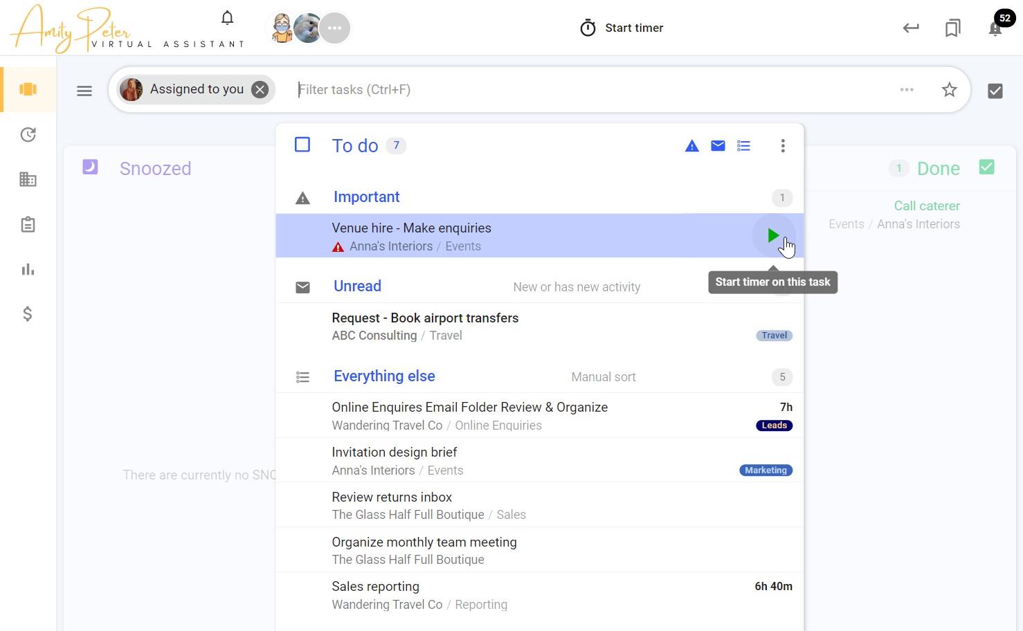 A screenshot of todo.vu time tracking showing how a user can start the timer from within the task listing on todo.vu's kanban-style task dashboard.