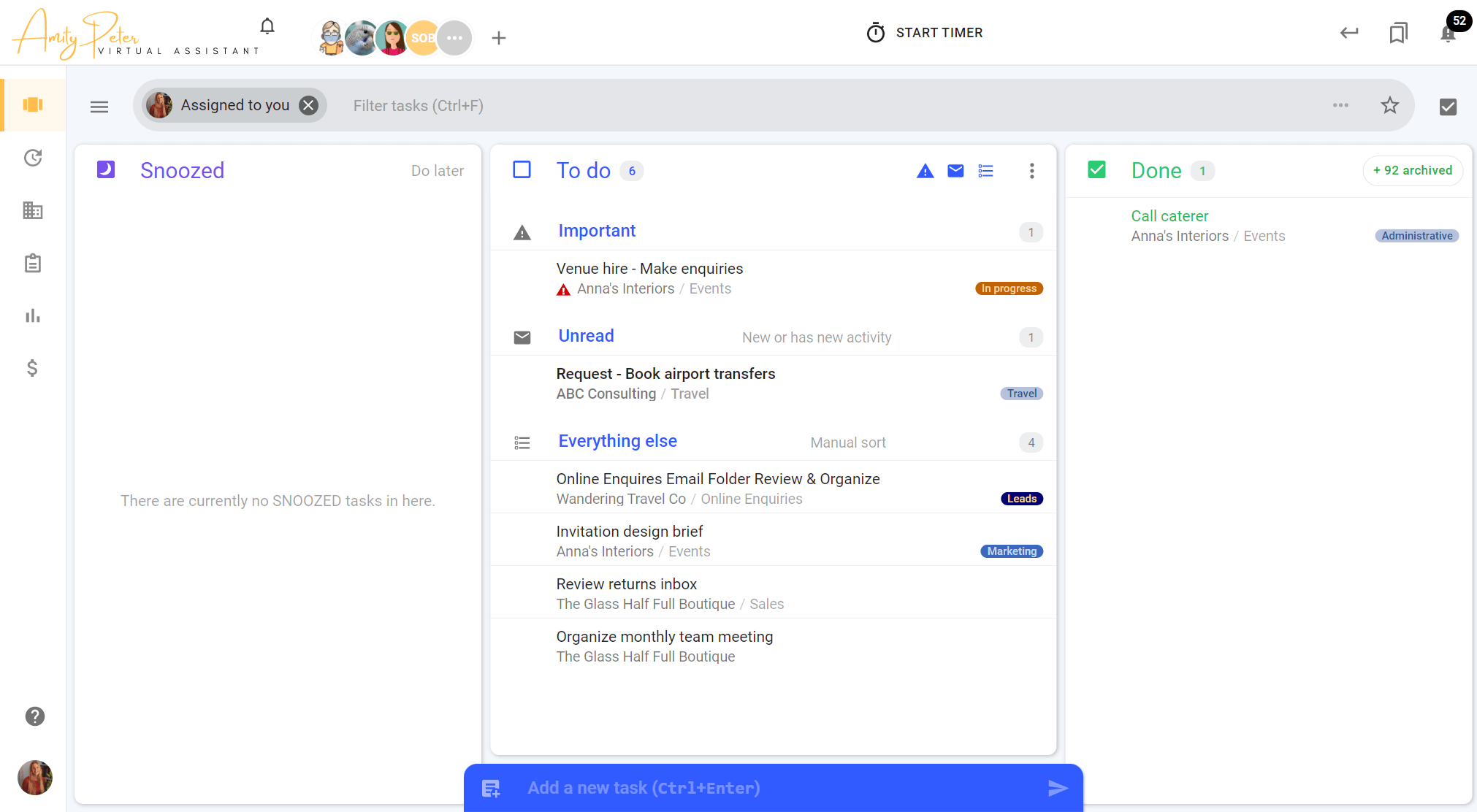 Screenshot of todo.vu task management and time tracking Kanban-style task dashboard with Virtual Assistant tasks displayed.