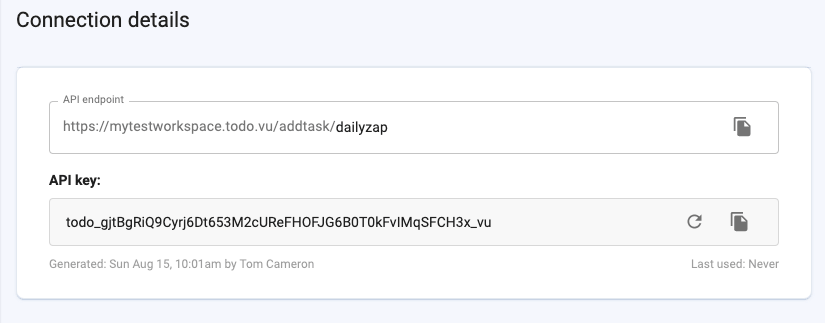 A screenshot of todo.vu's API connector settings to enable an add-task Zapier integration.