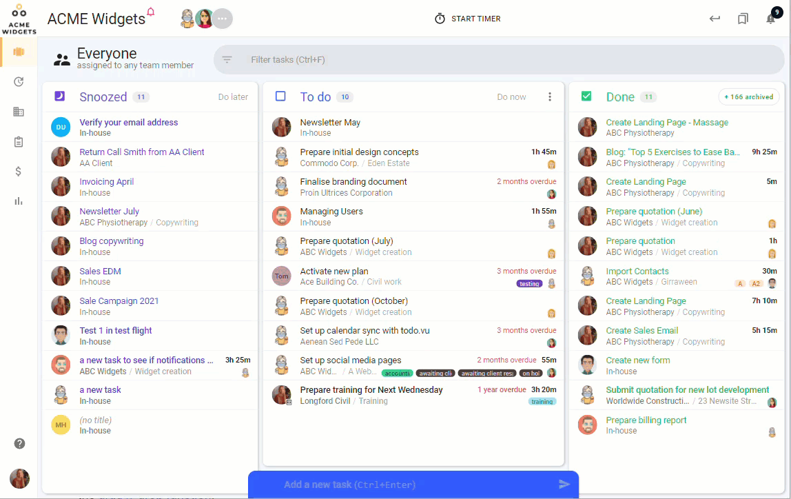 An animated GIF of todo.vu’s task management platform, demonstrating how a User can use a context filter to quickly and easily filter all tasks of any workflow phase for any client, project, team member, or label.
