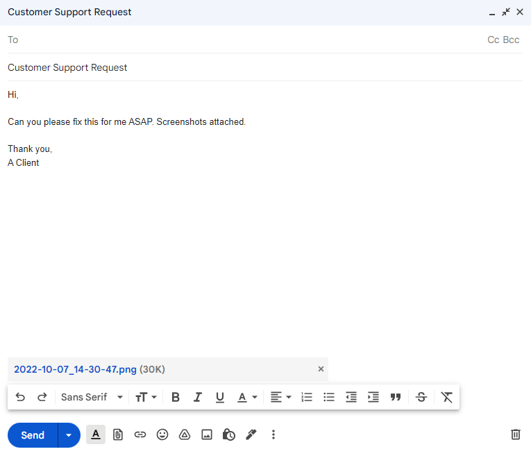 A screenshot of an email - users can send an email to a unique todo.vu support address, which will automatically convert to a support task in todo.vu