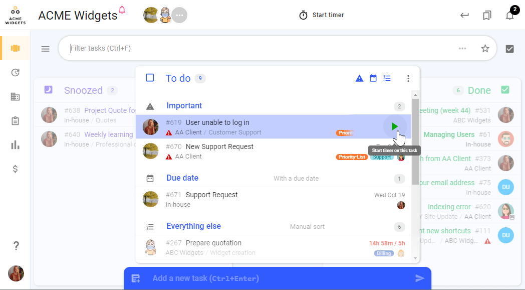 A screenshot of todo.vu displaying how a User can track time on any Support task.