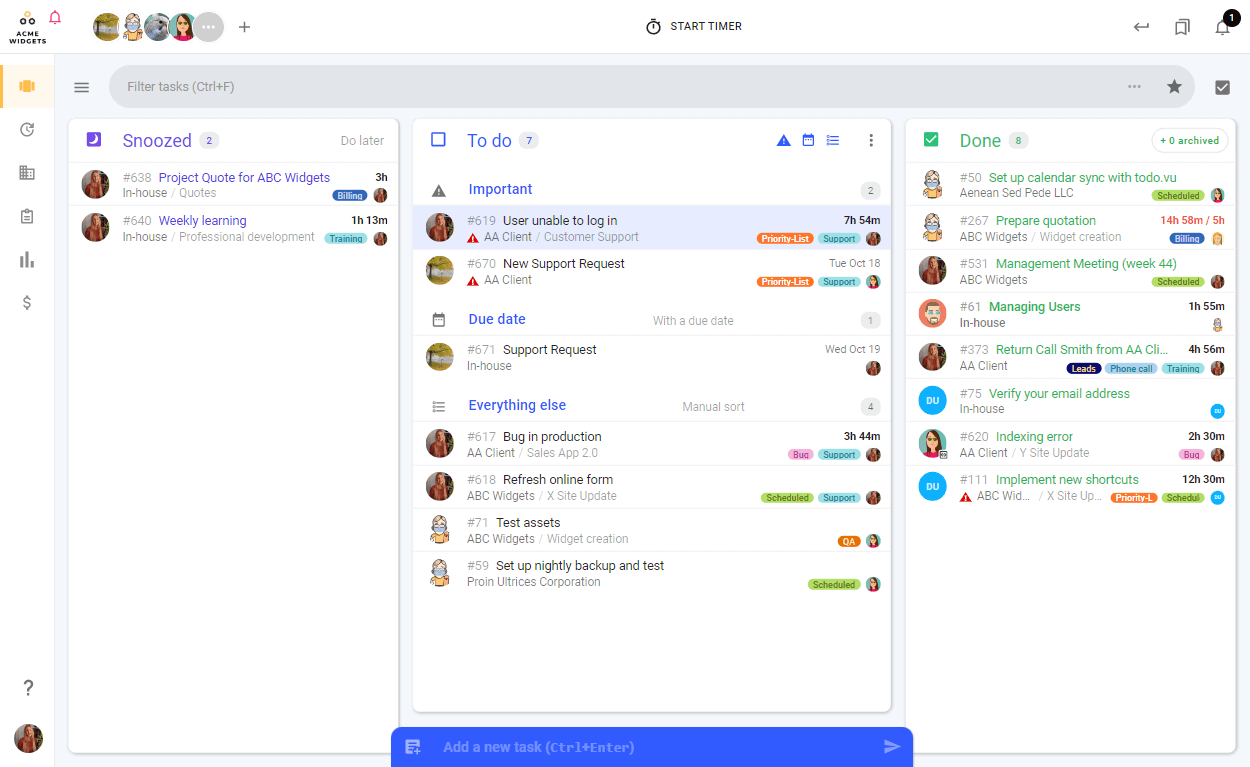 A screenshot of todo.vu's task dashboard, where users can securely store unlimited support tasks/tickets for as many clients/customers as needed.