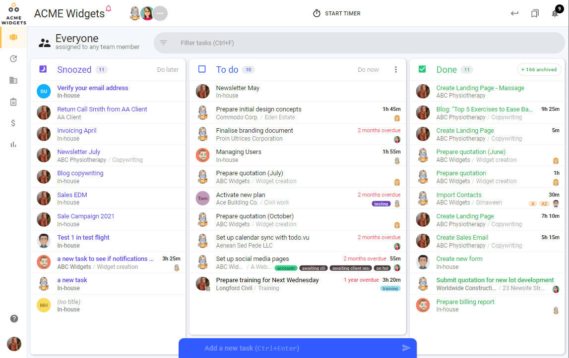 A screenshot of todo.vu’s Kanban-style task management dashboard, illustrating how Tasks are visually categorised in the platform into three workflow states with a unique context filter that enables a User to quickly and easily filter all tasks of any workflow state for any client, project, team member, or label.