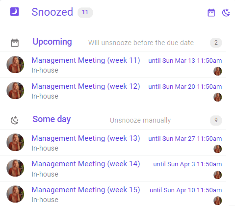 Screenshot of todo.vu's recurring (repeating) tasks feature in a Kanban list. Each repeating task can be viewed and edited at any time, and are kept separate from your immediate to-do list in the ‘Snooze’ column.