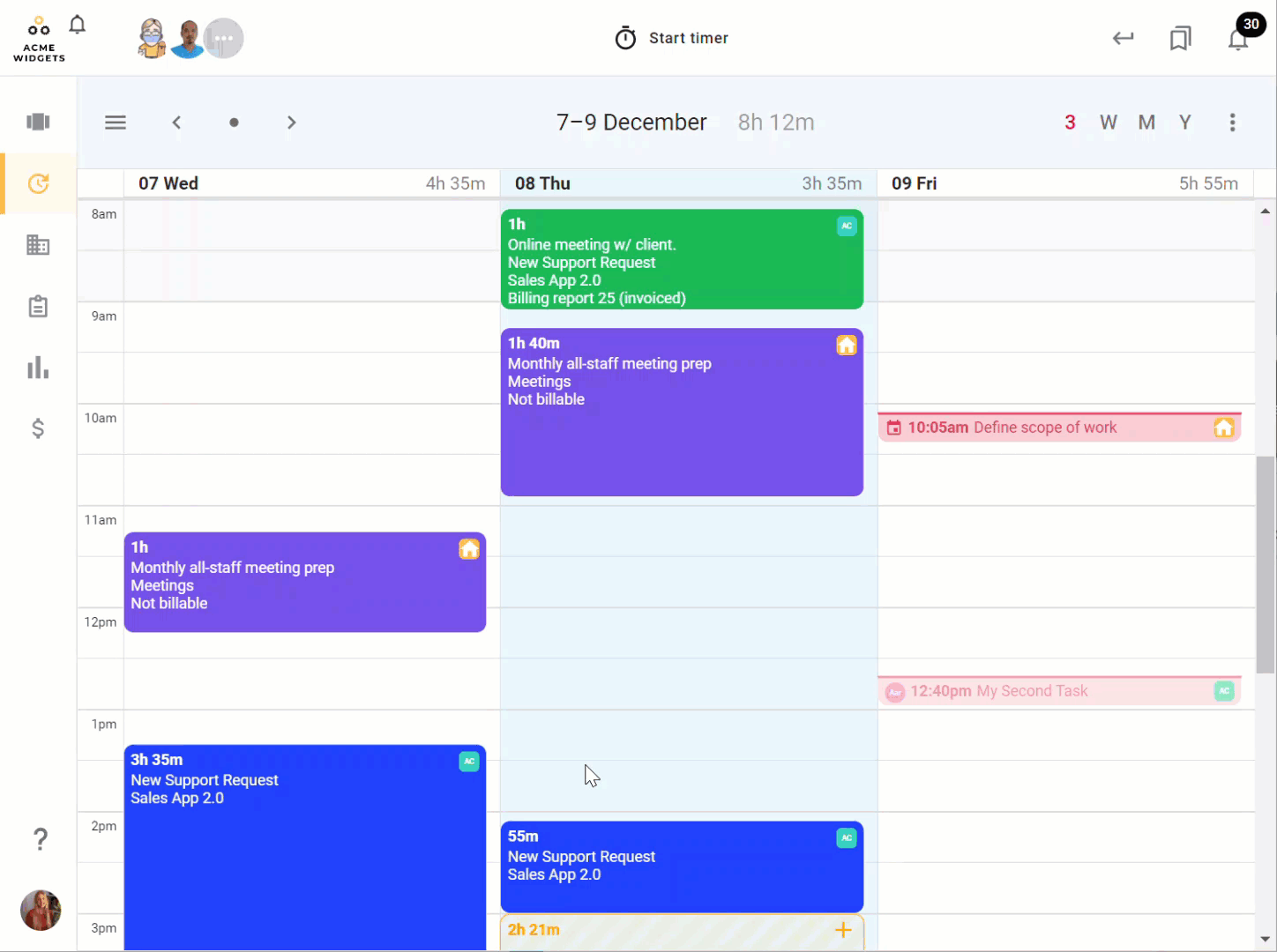 An animated GIF demonstrating how a User can add client and project details to a time entry in seconds in todo.vu's calendar.