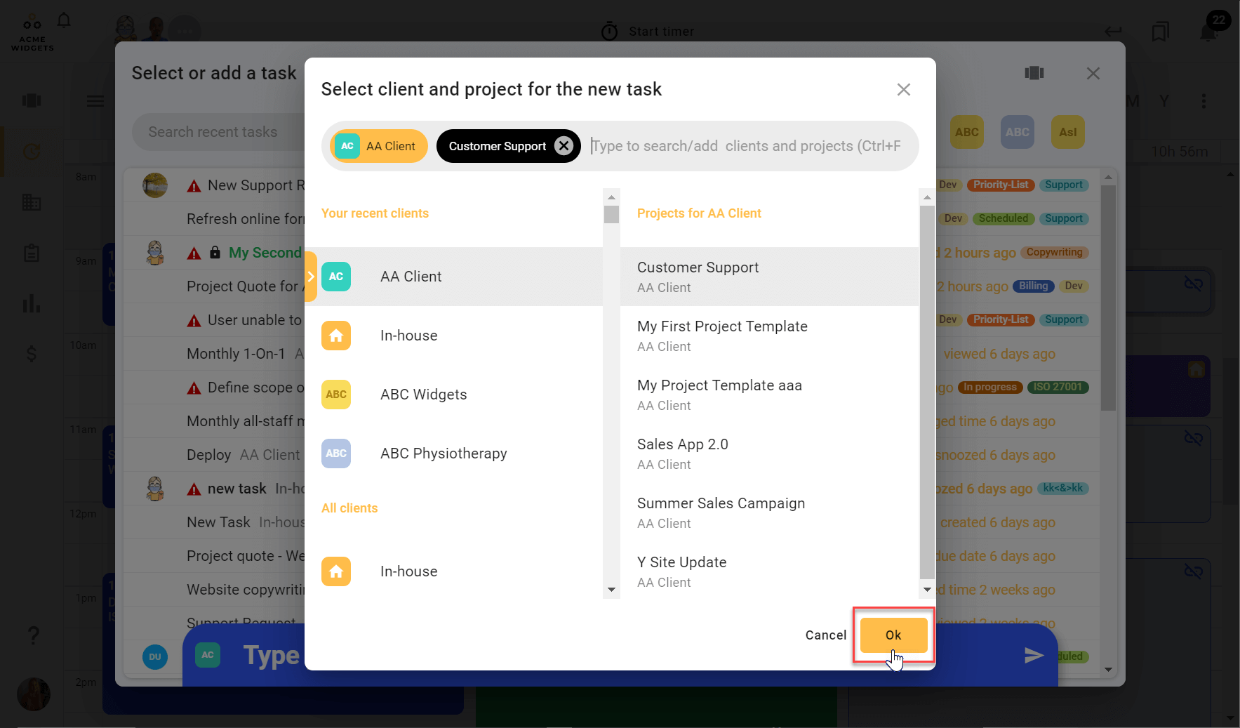 A screenshot of todo.vu time tracking & billing, demonstrating where a User must click to add the chosen client and project to their newly created task.