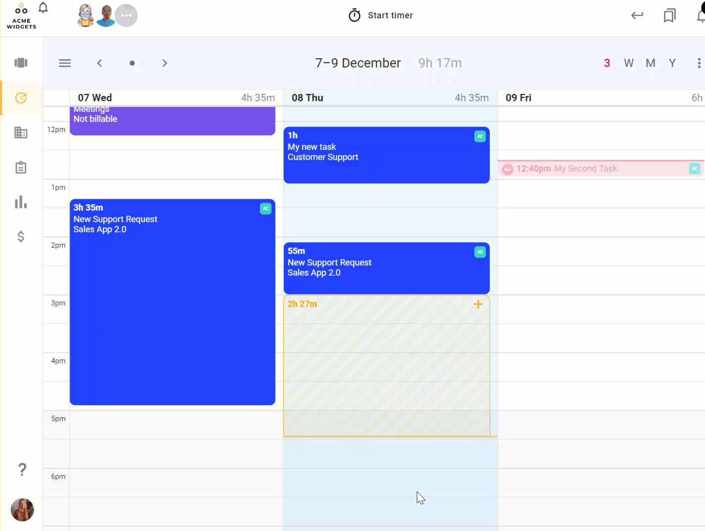 An animated GIF demonstrating how a User can create a time entry in seconds in todo.vu's calendar.