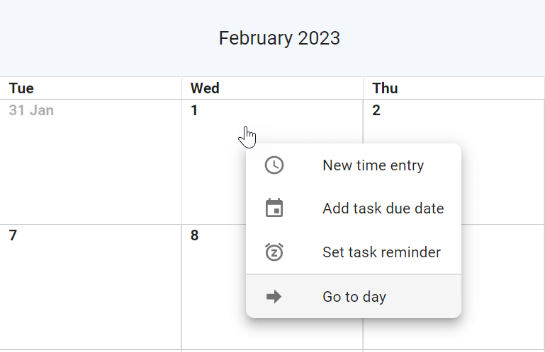 A screenshot of todo.vu's calendar indicating the options for a User to go straight to the day view on a specific day in the year or month calendar views with a right-click of their mouse.