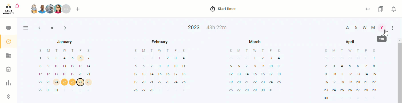 An animated GIF of todo.vu's interface, demonstrating how a user can switch calendar views.