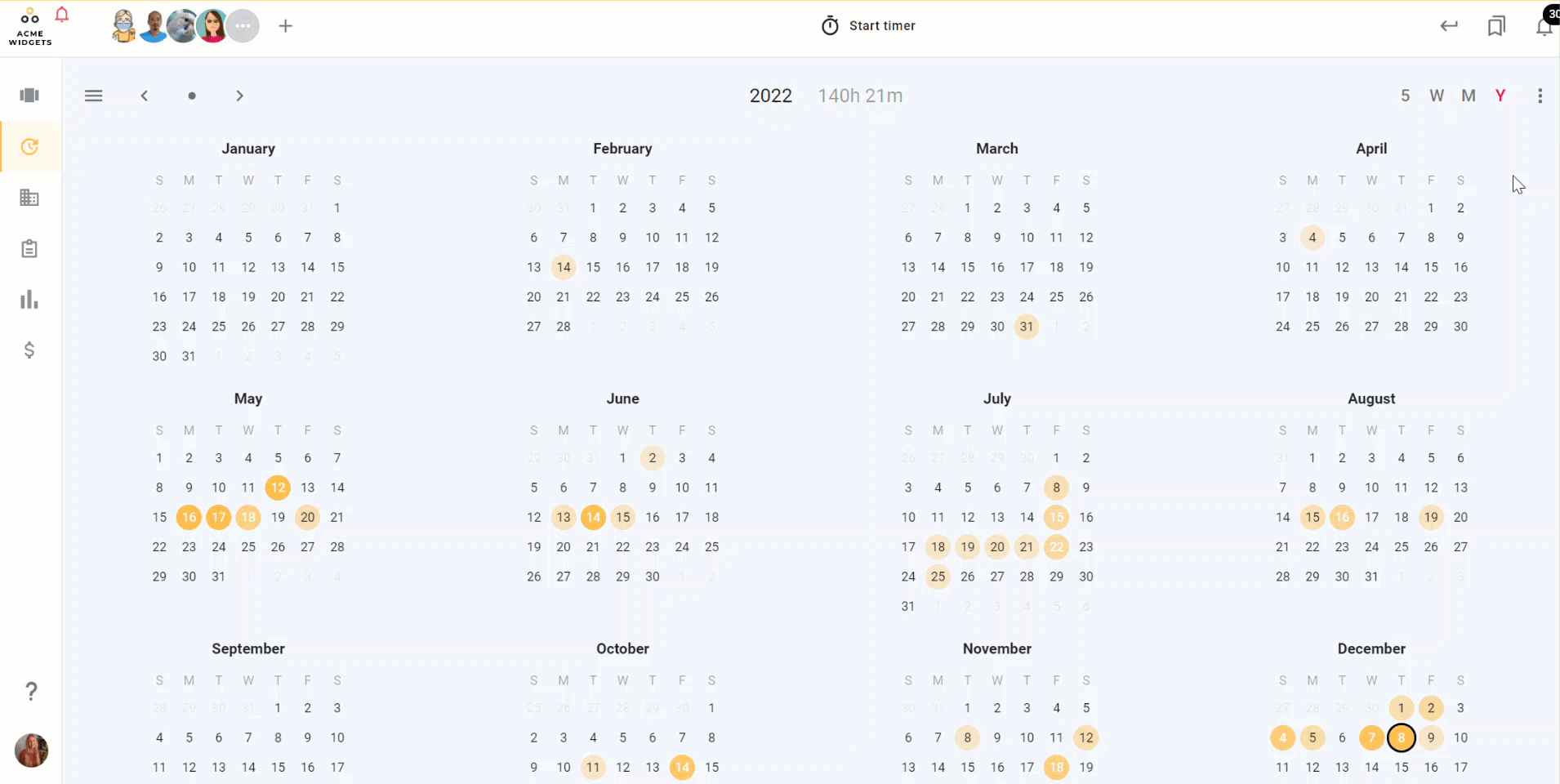 An animated GIF demonstrating the different calendar views a user can navigate to, including viewing any of their team member's calendar views.