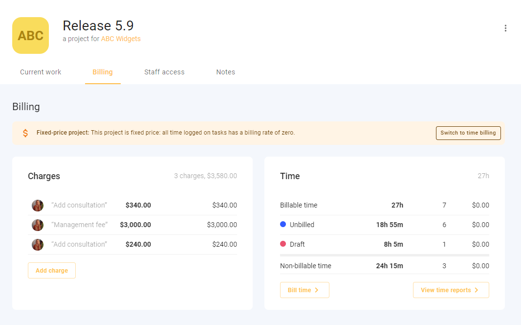 A screenshot of todo.vu time tracking and billing software, demonstrating the new project settings sections added under the 'Billing' tab for fixed-price projects.