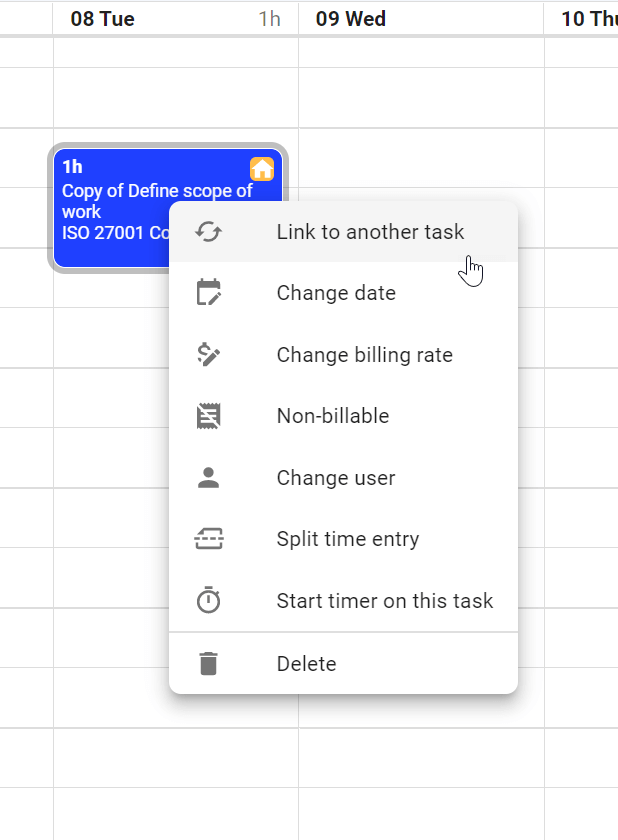 A screenshot of the right-click mouse options on a calendar entry on todo.vu's day or week calendar views.