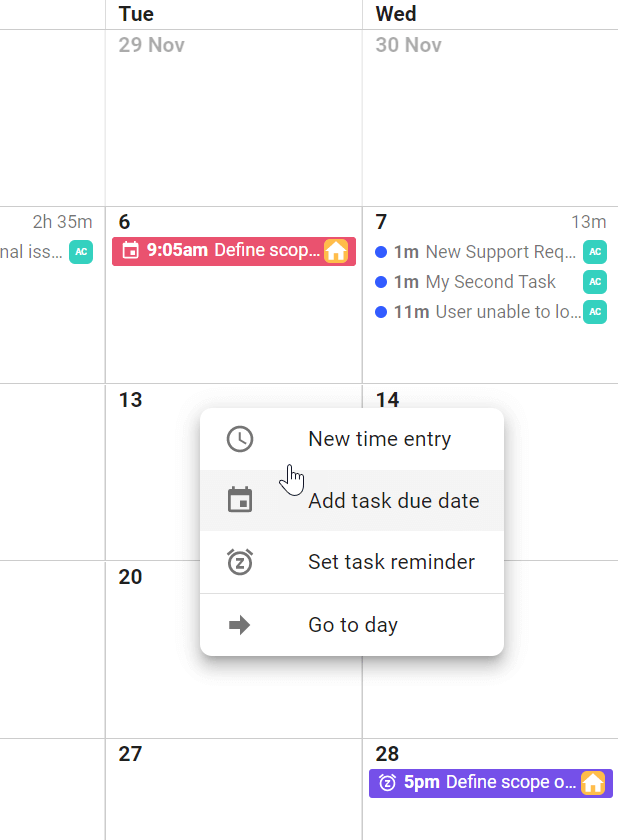 A screenshot of the right-click mouse options on a calendar day on todo.vu's monthly calendar view.