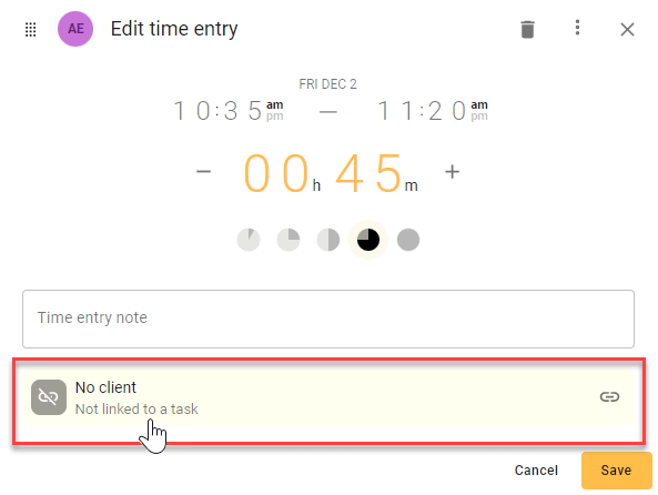 A screenshot of todo.vu's Time Modal, indicating where a User must navigate to to link the time entry to an existing Task in todo.vu.