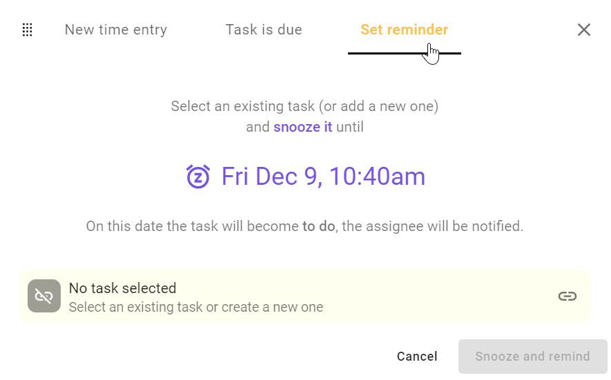 A screenshot of todo.vu's 'Set reminder' tab on the Time modal.