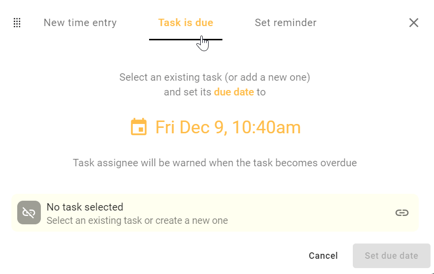 A screenshot of todo.vu's 'Task is due' tab on the Time modal.