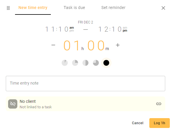 A screenshot of todo.vu's Time Entry modal when editing a calendar entry not yet connected to an existing Task.