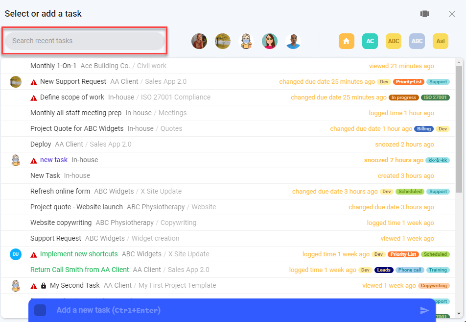 A screenshot of todo.vu's Tasks Modal, indicating where a User can search recent Tasks by keyword.