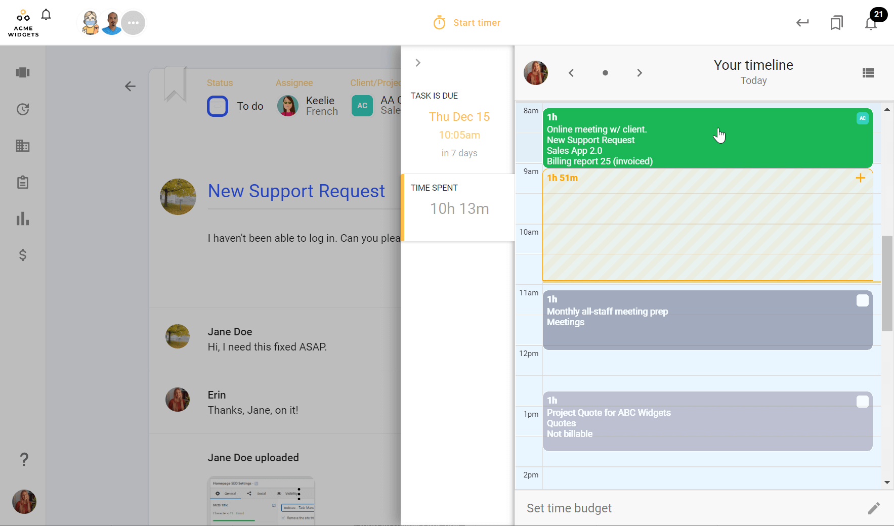A screenshot of todo.vu time tracking displaying the calendar view within a specific task page.