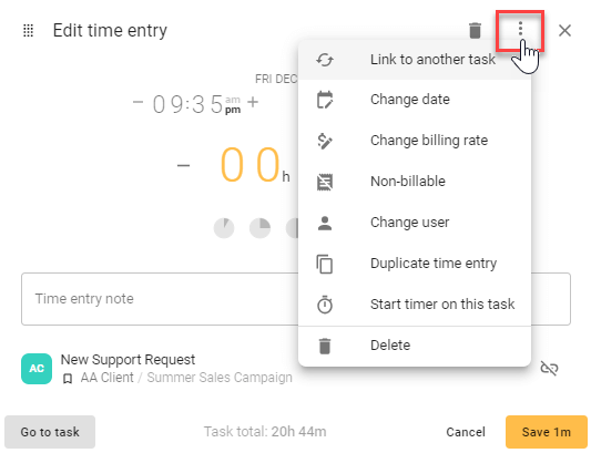 A screenshot of todo.vu time tracking and billing software, indicating the different options available to a user when editing an existing time entry.