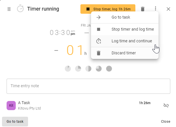 A screenshot ot todo.vu time billing software that demonstrates the additional options on todo.vu's Time modal for editing time entries.