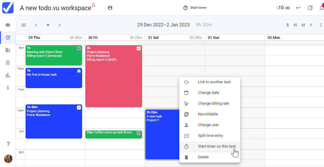 A screenshot demonstrating the options a todo.vu User is presented with when they right click on a Calendar Entry. These options include starting the timer on a calendar entry, provided that calendar entry isn't a billed task.