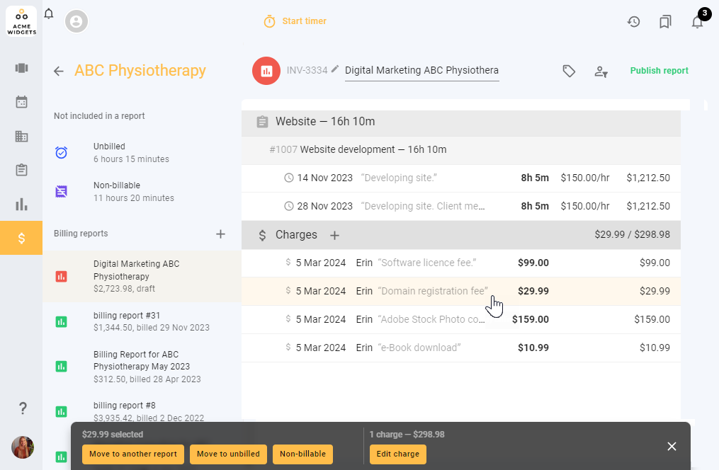 A screenshot of todo.vu's updated billing report editor, where users can create itemized billing reports complete with time and billing values based on their tracked time data in todo.vu.