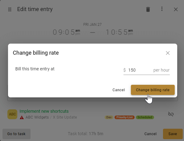 A screenshot of todo.vu's interface, demonstrating how an Admin User can change the billing rate of a time entry.