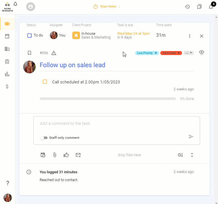 An animated GIF of todo.vu time tracking and billing software, demonstrating the new Task Editor interface, where 'Time spent' and 'Task is due' fields have moved from the sidebar to the right to display on the actual task itself.