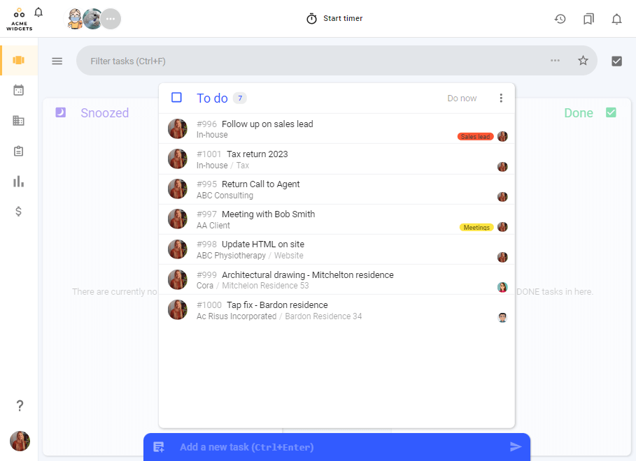A screenshot of todo.vu time tracking & billing software, demonstrating the task dashboard and ow everything you do can become a task in todo.vu.