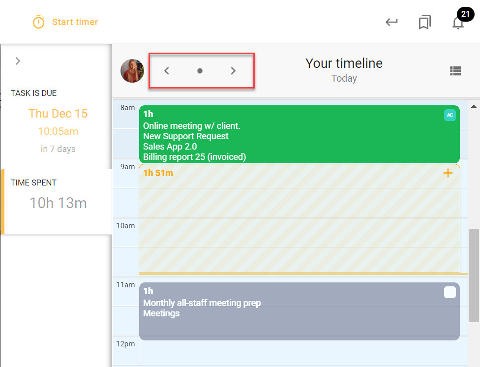 A screenshot of todo.vu time tracking and billing software, indicating where a User can log time manually to a specific task on previous days.
