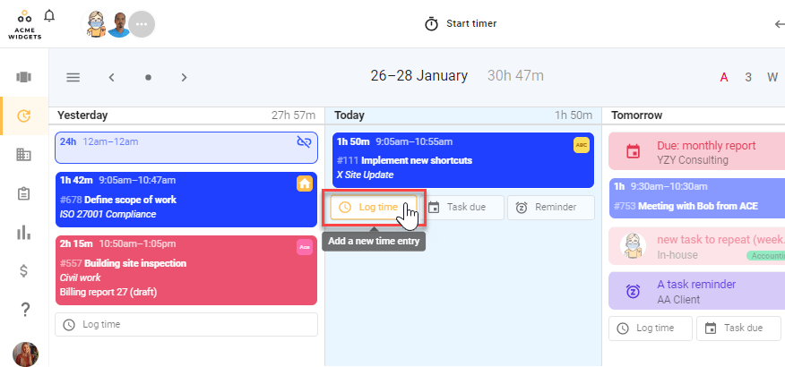 A screenshot of todo.vu's Calendar, detailing where a User can log time manually on the calendar's Agenda view.
