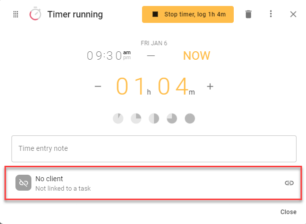 A screenshot of todo.vu time tracking software, indicating where a user must navigate to in order to connect their timer to a task, client and project.