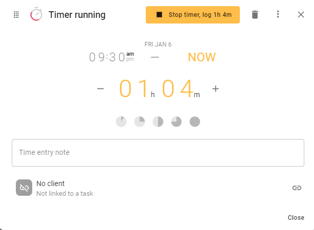 A screenshot of todo.vu's Time Modal, where users can add details to time tracked in todo.vu, or manually log time.