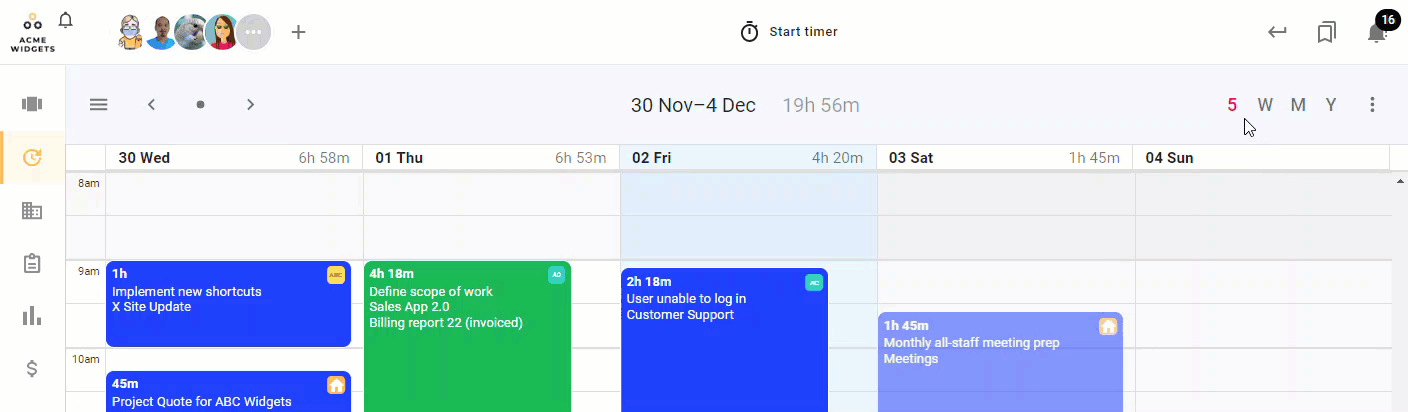 An animated GIF of todo.vu's interface, demonstrating how a user can switch calendar views, and if the user is an admin user, how to navigate to other users' calendars.