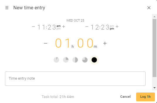 A screenshot of todo.vu's Time Modal, where users manually log time.