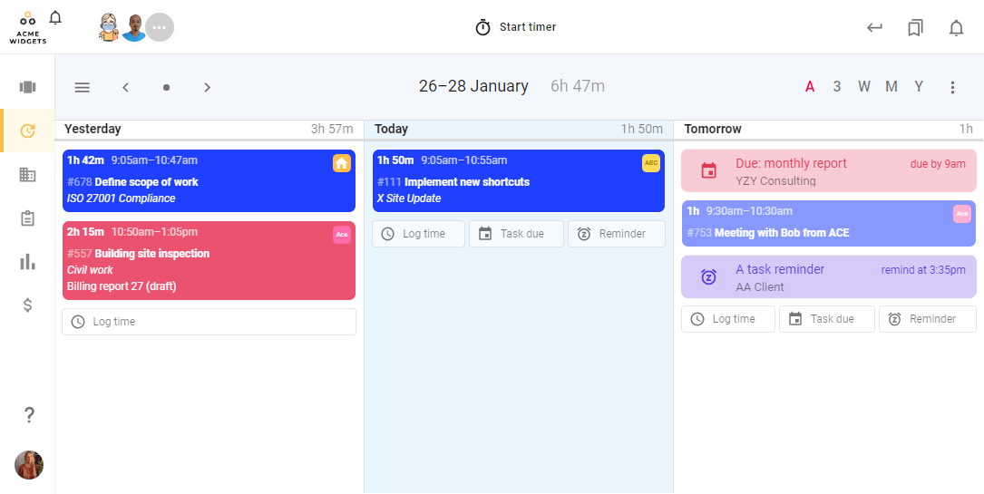 A screenshot of todo.vu's time billing calendar interface in its Agenda view.